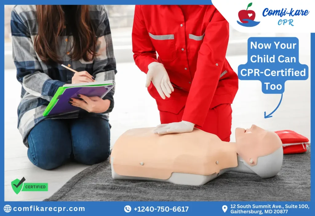 The CPR trainer teaches her students about CPR.